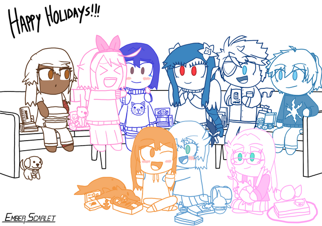 A digital artwork of various Guilty Gear characters (Ramlethal, Elphelt, Dizzy, Sin, Ky, May, and Bridget) and two OCs (named Adrienne and Brendan) on a couch or sitting by it. All the way to the left is Ramlethal, aka Ram, who's wearing a t-shirt and paj