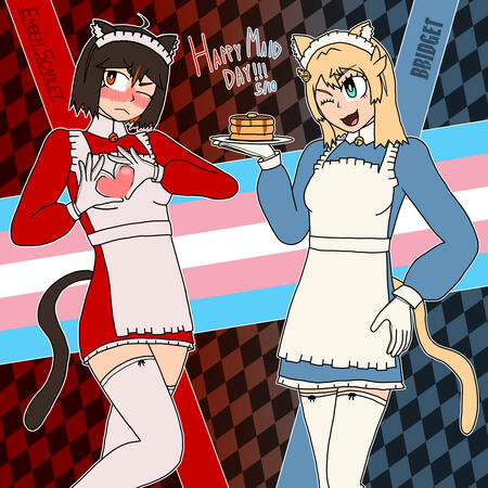 a digital artwork of Ember (the VTuber avatar of the creator of this artwork) and Bridget from Guilty Gear in catgirl maid outfits.