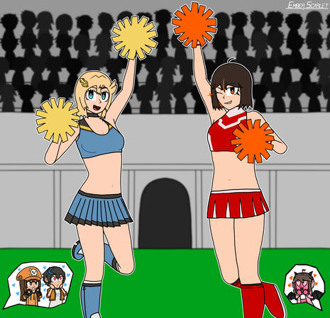 a digital artwork depicting Bridget from Guilty Gear and Ember (the VTuber avatar of the creator of this artwork) in cheerleader outfits, and cheering in an arena.