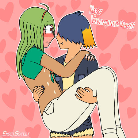 An artwork of my two Pokehuman OCs, Decidueye Girl (Dahlia) and Typhlosion Gal (Titania), in this case Titania is bridal carrying a flustered Dahlia.