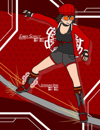 a digital artwork of Ember (the VTuber avatar of the creator of this artwork) wearing a pair of Skate-type Extreme Gear and grinding on a rail.