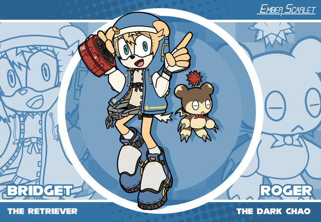 a digital artwork of Bridget and Roger from Guilty Gear as Sonic characters, a Golden Retriever and a Dark Fly/Run Chao respectively.
