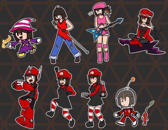 A collection of artworks for stream thumbnails, ranging from Paper Mario, Donkey Kong Bananza, Donkey Kong Country, Kirby Air Ride, Mega Man Classic, Mario, Luigi's Mansion, and Pikmin.