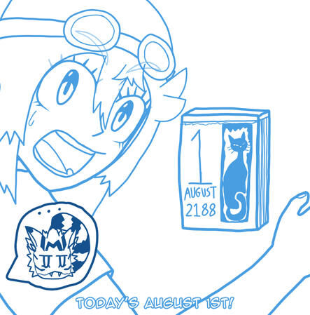 A redraw of the August 1st scene from Digimon Adventure but with Bridget, and her Digimon partner, currently a Wanyamon, looking unamused.