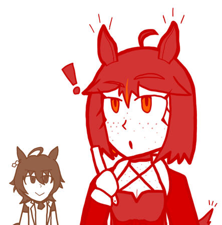 An artwork depicting Ember Scarlet having been turned into an Umamusume by Agnes Tachyon.