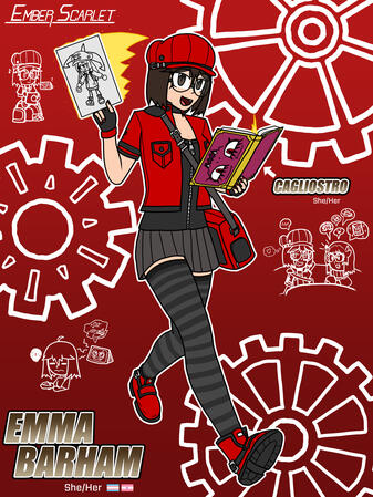 An artwork depicting Ember's Guilty Gear Sona, Emma Barham, a traveling traditional artist accompanied by Cagliostro, a Magical Foci tome that can summon copies of fighters.