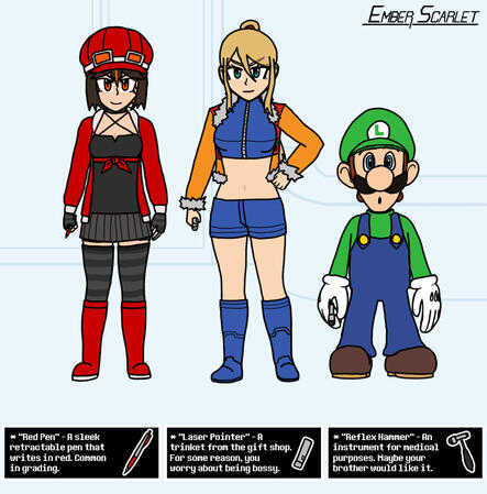An artwork of Ember Scarlet, Samus, and Luigi in some public science facility, with HUD indicating it's like the Light World in Deltarune