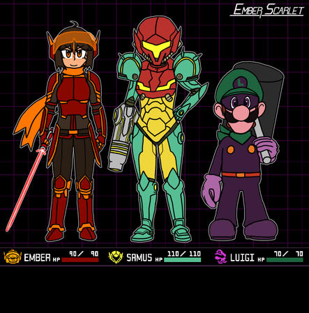 An artwork of Ember Scarlet, Samus, and Luigi in a battle in the Dark World, with Dark World outfits, a battle HUD, and all.