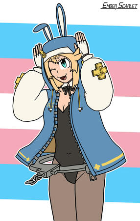 An artwork of Bridget from Guilty Gear in a bunny suit and her usual hoodie but with bunny ears, as well as her handcuff, she's doing a bunny ears pose.