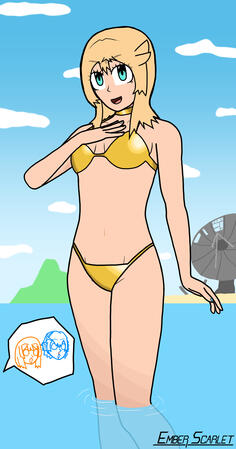 An artwork of Bridget in a golden bikini for golden week. Her girlfriends May and Unika are shown in a chibi bubble with nosebleeds.