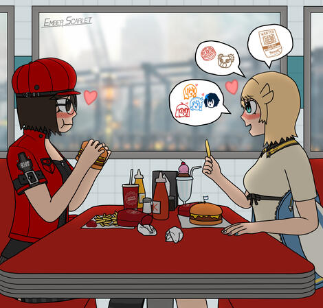 An artwork of Emma Barham, Ember's Guilty Gear Sona, eating at Danny Missiles for a date with Bridget from Guilty Gear.