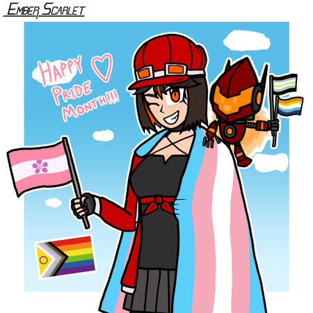 An artwork depicting Ember with a large trans pride flag being used as a cloak while holding a sapphic flag, and her mascot Oriel is holding an agender flag and an aroace flag.