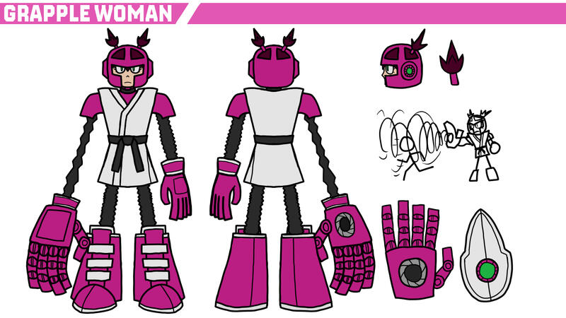 A reference sheet depicting an entry for a Mega Man contest for a new Robot Master, this one featuring a mixed martial arts robot called "Grapple Woman".