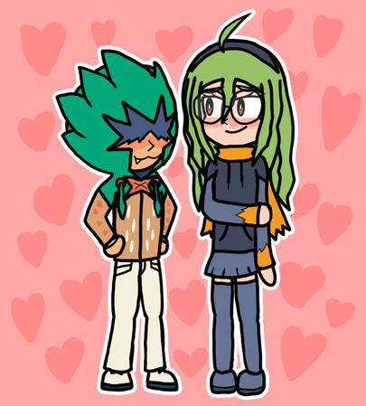 An artwork of my two Pokehuman OCs, Decidueye Girl (Dahlia) and Typhlosion Gal (Titania) wearing outfits based off of the others' original outfits.