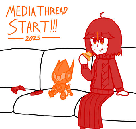 An artwork depicting Ember Scarlet and Oriel sitting on a couch and watching something.